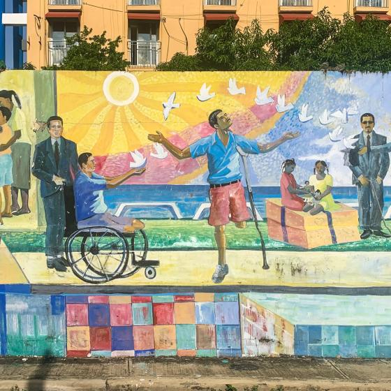 Mural con imágenes alusivas a la discapacidad en el centro de Santo Domingo.