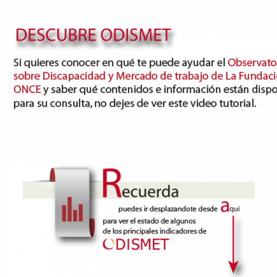 Si quieres descubrir para en qué te puede ayudar el Observatorio sobre Discapacidad y Mercado de trabajo de La Fundación ONCE y saber qué contenidos e información están disponibles para su consulta, no dejes de ver este vídeo tutorial.
Recuerda puedes presionar aquí para ver el estado de los principales indicadores de ODISMET